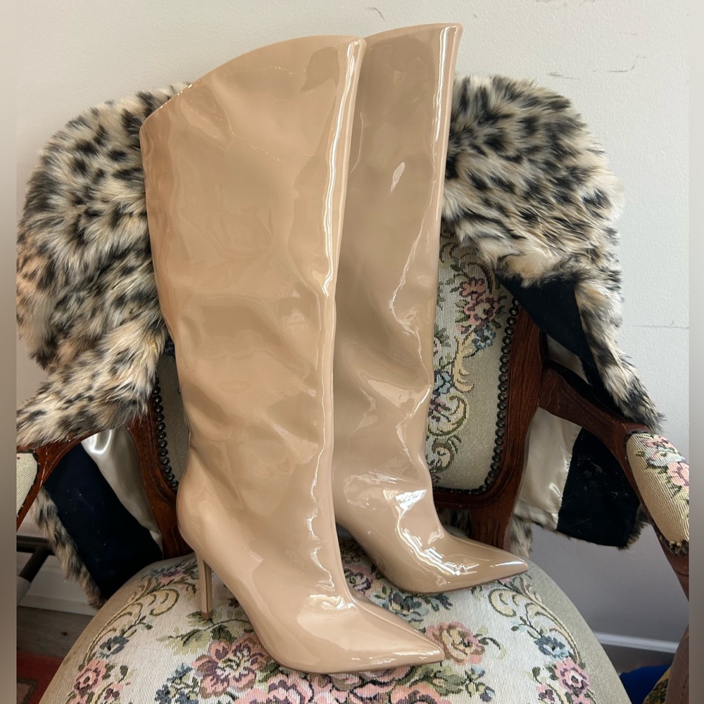 Patent Leather Nude Beige Knee-High Boots Steve Madden
